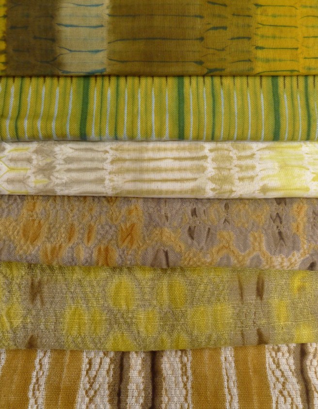 fabrics dyed with various yellow plant dyes